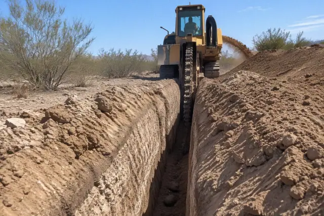 Trenching machine cutting a deep narrow channel into arid desert soil for underground pipe installation in Tempe, AZ.