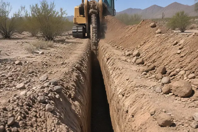 Trenching machine cutting a deep channel for underground pipes in Apache Junction, AZ.
