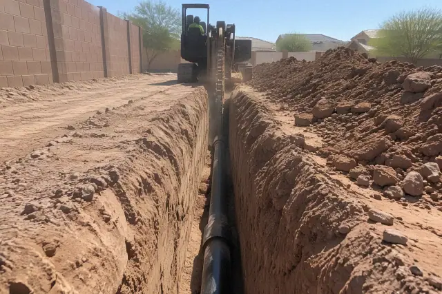 Open earthcut utility trench with exposed soil walls and pipe installation in Gilbert, AZ.