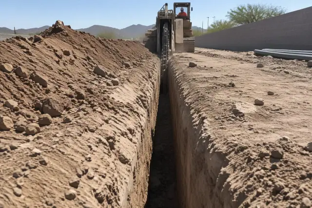 Utility trenching machine cutting a narrow channel for pipe installation in Phoenix, AZ.