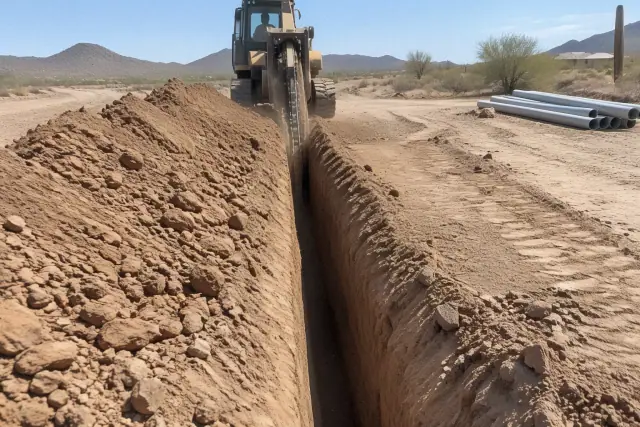 Trenching machine cutting a deep channel for underground pipes in Queen Creek, AZ.