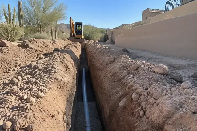 Freshly excavated narrow trench in Sonoran desert soil with a stucco retaining wall in Scottsdale, AZ.