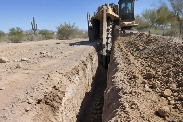 Trenching machine cutting a deep channel in the earth for pipe installation in Chandler, AZ.