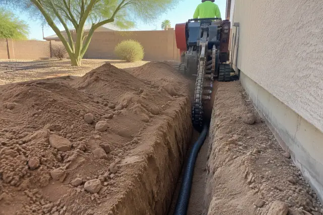 Fresh earthen trench with exposed utility lines and gravel in Mesa, AZ.
