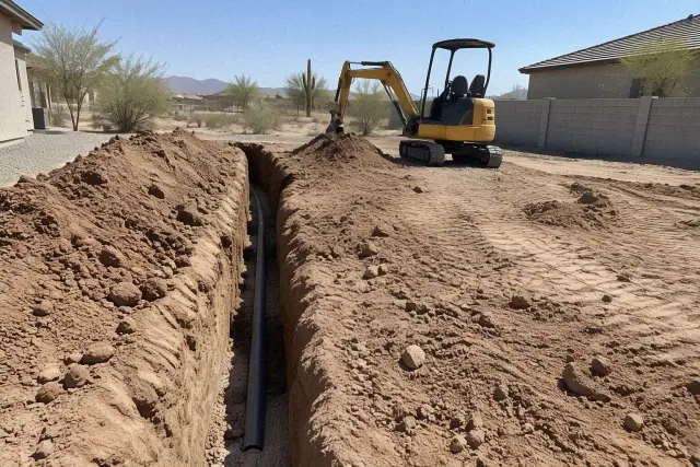 Utility trenching and backfill work in progress on a jobsite in Mesa, AZ.