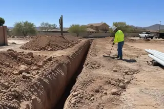 Contractor inspecting the cleanup after utility trenching in Mesa, AZ.