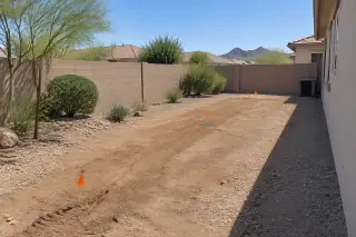 Finished backfilled utility trenches with compacted earth and markers in Mesa, AZ.