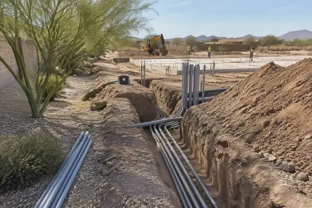 Utility trenching and hydro excavation for a building pad in Mesa, AZ, showing exposed soil trenches and conduit.