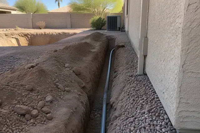 Utility trenching and exposed conduit for pool excavation at a residential home in Mesa, AZ.