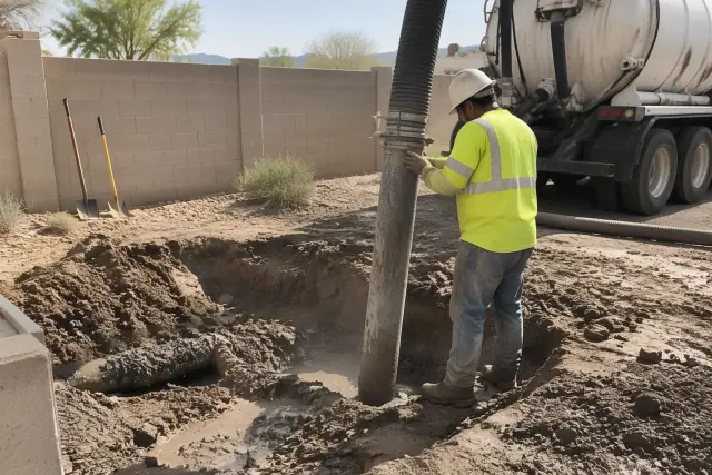Vacuum debris removal and suction hoses for hydro excavation on a jobsite in Mesa, AZ.