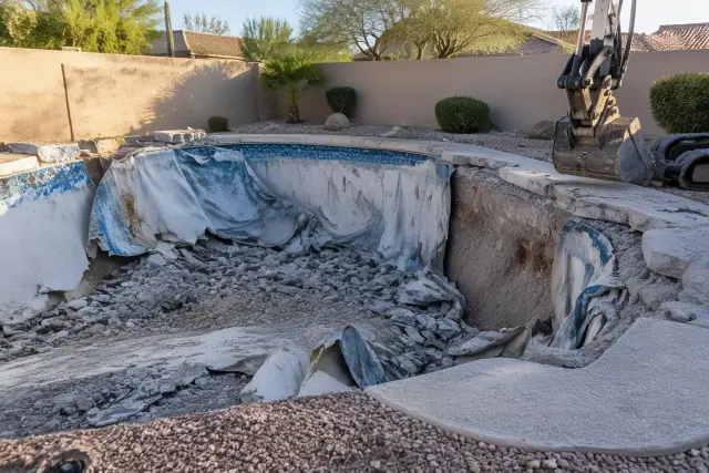 Contractor progress photo of vinyl liner pool demolition in a residential backyard in Mesa, AZ.
