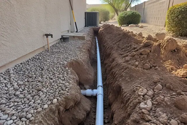 Water line trenching and exposed piping in a residential yard in Mesa, AZ.