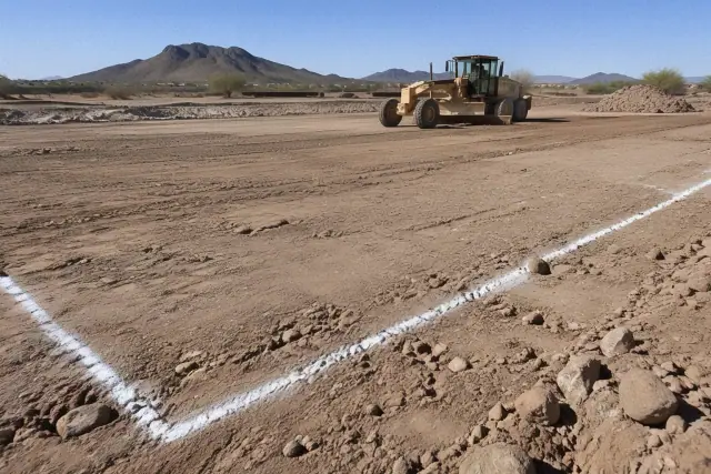 White spray paint lines map out a sprawling dirt excavation area in Mesa, AZ, with a motor grader in the background.
