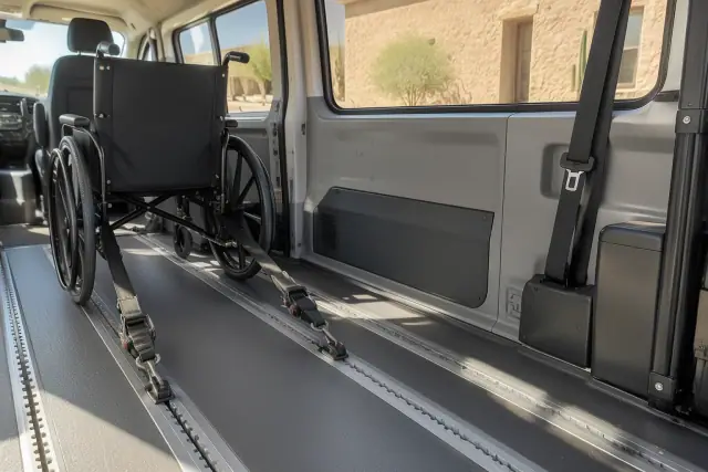Interior of an accessible wheelchair van with floor tie-down tracks and restraint belts in Mesa, AZ.