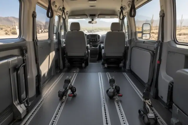 Interior of a bariatric transport van in Mesa, AZ, showing secure floor tracks and mobility harnesses.