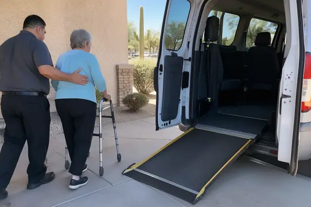 Ambulatory transportation for a walking patient in Mesa, AZ, outdoors near a stucco wall.