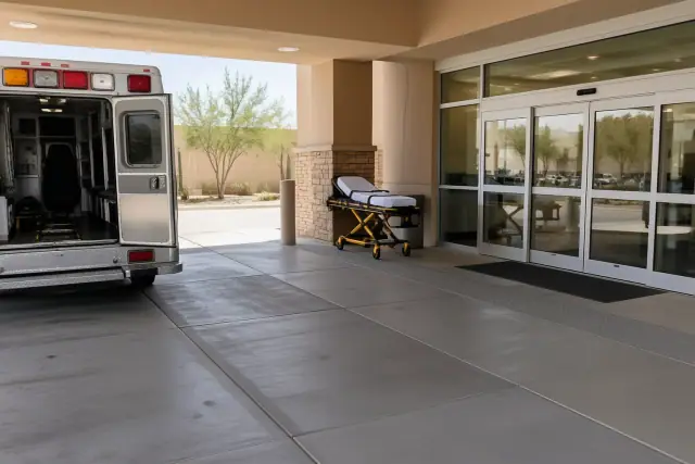 Ambulatory transportation setup at a hospital discharge bay in Mesa, AZ, with automatic sliding doors.