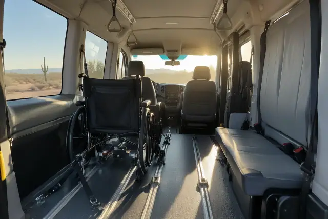 Ambulatory medical transport van interior with floor tracks and grab handles in San Tan Valley, AZ.