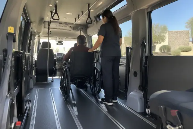 Ambulatory medical transport van interior with secure floor tracks in Queen Creek, AZ.