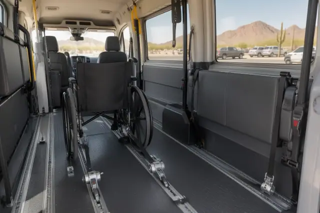 Padded medical transport van interior with wheelchair tie-down clamps in Gold Canyon, AZ.