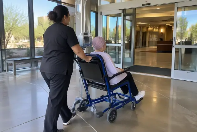 Ambulatory transportation for chemotherapy at a glass-walled entryway in Mesa, AZ.
