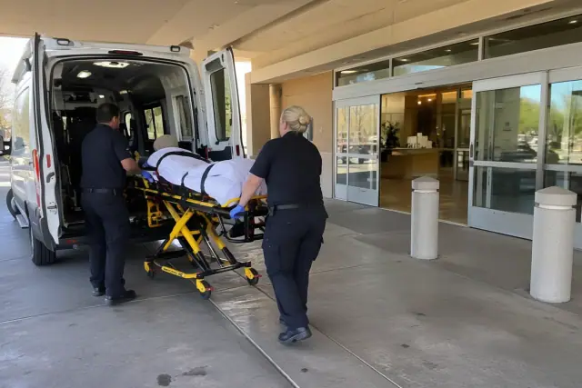 Ambulatory medical transport vehicle at a hospital loading bay in Scottsdale, AZ.