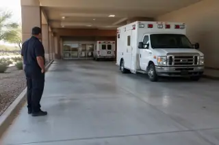 Service professional observing completed ambulatory transportation work near a stucco wall in Mesa, AZ.