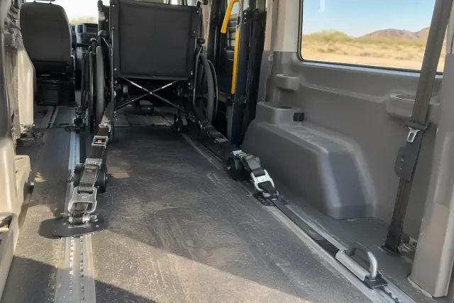Bariatric-capacity dialysis equipment secured inside a transport van in Mesa, AZ.