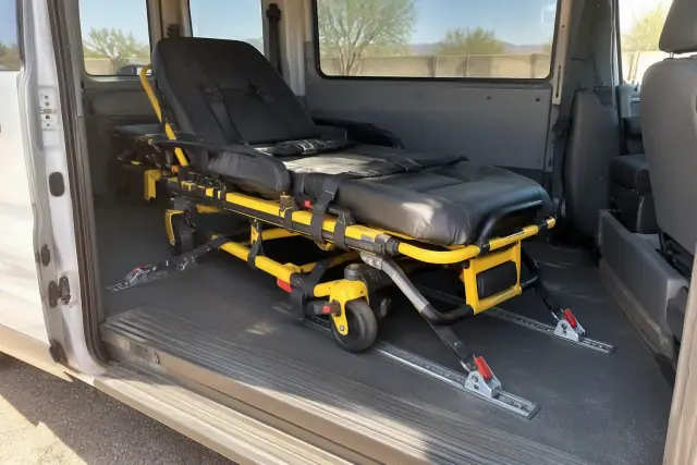 Bariatric stretcher secured inside a transport van in Mesa, AZ.