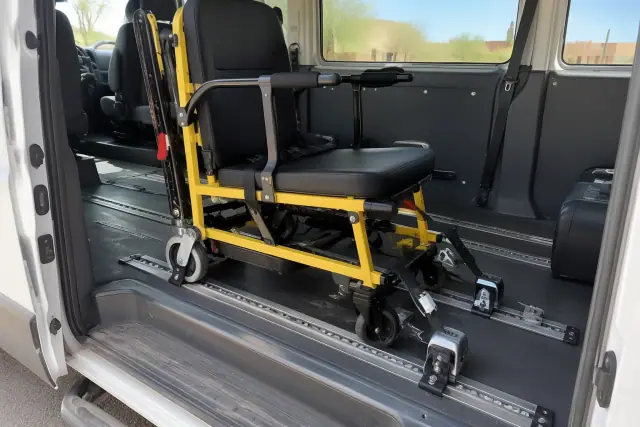 Bariatric transfer equipment secured inside a transport van in Mesa, AZ.