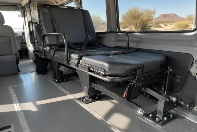 Bariatric transfer support installed in a transport van in Mesa, AZ, showing heavy-duty mounting brackets.