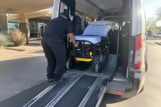 Bariatric transportation vehicle parked at a hospital discharge job site in Mesa, AZ.
