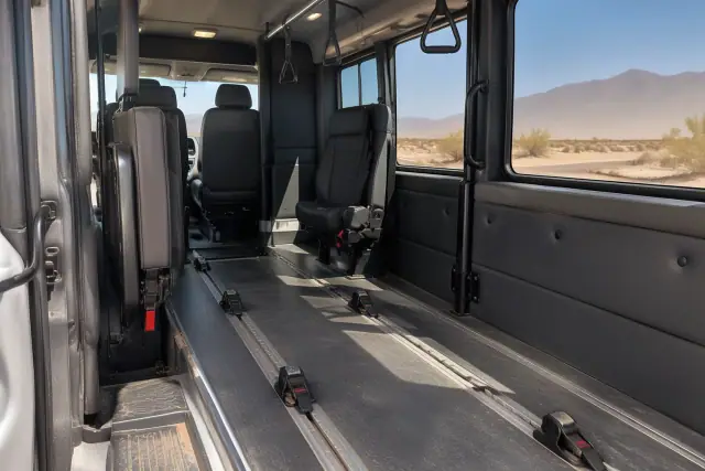 Bariatric transportation van interior with heavy-duty floor anchorage tracks in San Tan Valley, AZ.