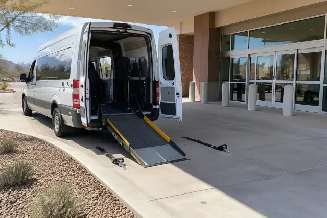 Bariatric transport vehicle with deployed ramp parked at an ambulance bay in Apache Junction, AZ.