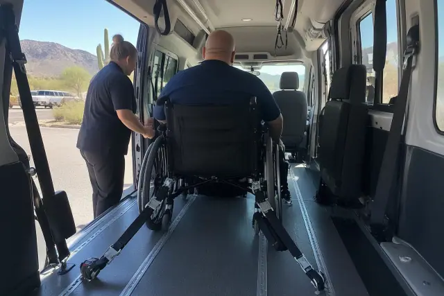 Bariatric transportation van interior with secure floor tracks in Fountain Hills, AZ.