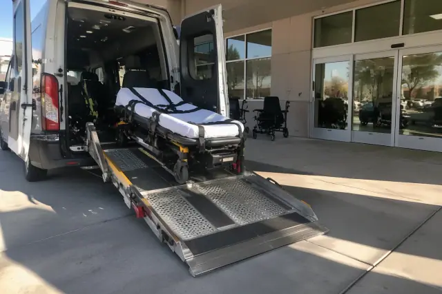 Bariatric transportation vehicle with heavy-duty loading ramps at a Scottsdale, AZ hospital loading bay.