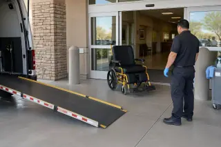 Heavy-duty medical transport ramp deployed beside sliding doors in Mesa, AZ.