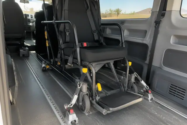 Bariatric vehicle equipment secured inside a transport van in Mesa, AZ.