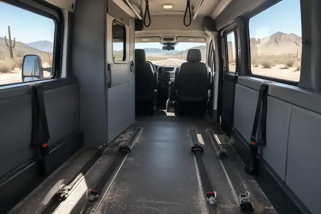 Padded interior of a medical transport van with secure floor tracks and desert view in Apache Junction, AZ.