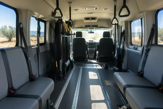 Padded interior of a medical transport van with floor tracks and grab handles in Tempe, AZ.