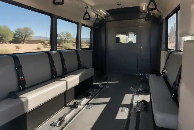 Padded interior of a behavioral health transport van with floor tracks and anchor straps in Chandler, AZ.