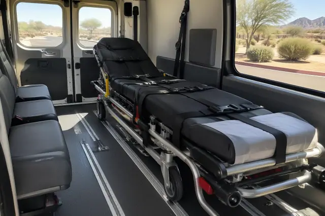 Behavioral health stretcher transportation van interior with secure floor tracks in Mesa, AZ.