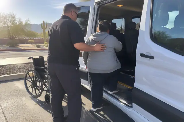 Behavioral health ambulatory transportation vehicle in Mesa, AZ under bright desert sun.