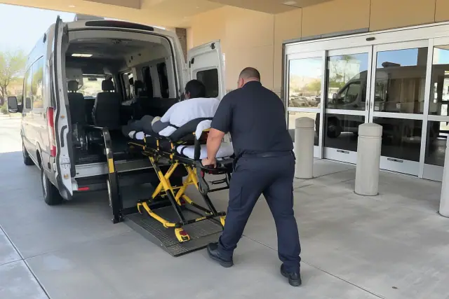 Behavioral health transportation at a concrete medical loading bay in Queen Creek, AZ.