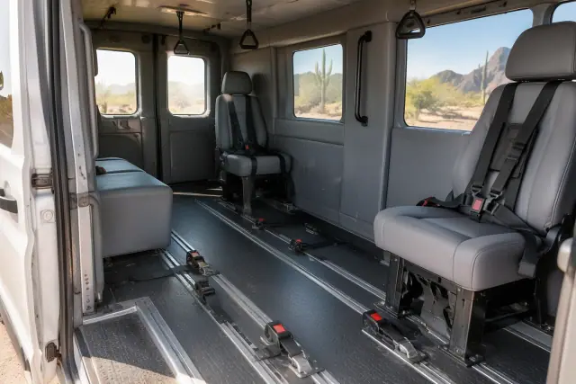 Padded interior of a behavioral health transport van in Scottsdale, AZ with floor tracks and tie-downs.