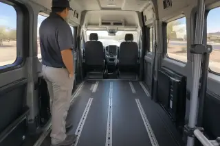 Worker observing desert dust on rubber floor mats inside a transport van in Mesa, AZ.
