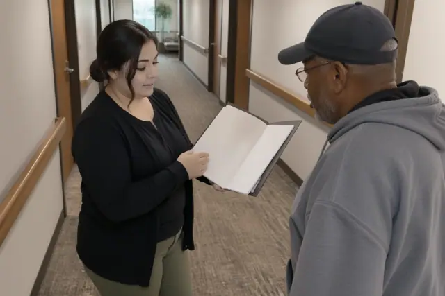Care coordinator arranging recurring dialysis rides in Mesa, AZ, holding an open scheduling folder.