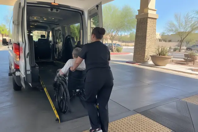 Wheelchair transportation for chemotherapy and physical therapy rides at a jobsite in Mesa, AZ.