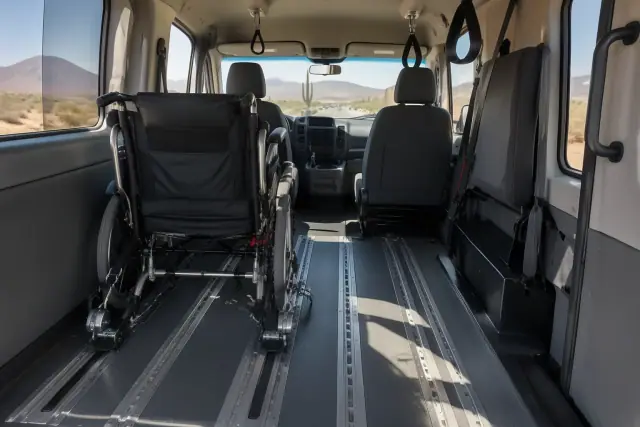 Chemotherapy transportation van interior with secure floor tracks in Apache Junction, AZ.
