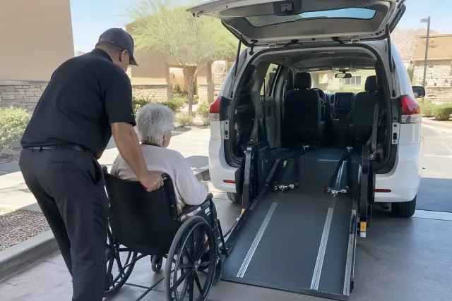 Chemotherapy medical transport vehicle loading area with mobility ramp in Gold Canyon, AZ.